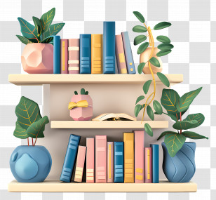 Bookcase - Modern Bookshelf With Books And Indoor Plants Transparent PNG