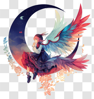 Girl With Feather - Winged Girl With Moon Transparent PNG