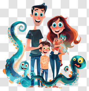 Cartoon Family - Happy Family With Sea Creatures Transparent PNG