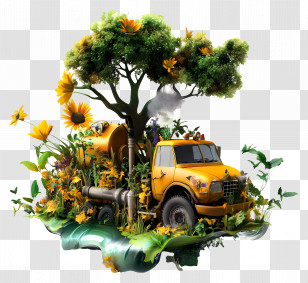 Truck With Flowers - Yellow Truck With Flowers And Tree Transparent PNG