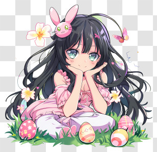 Anime - Cute Girl With Black Hair And Easter Eggs Transparent PNG