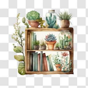Watercolor Book Shelf
 - Bookshelf And Succulent Plants Art Transparent PNG