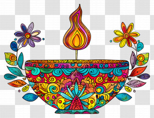 Diwali Flower - Decorative Diwali Diya With Colorful Patterns Transparent PNG