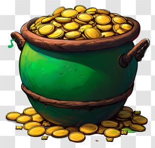 Doodle Style Pot Of Gold - Green Pot With Gold Coins Transparent PNG