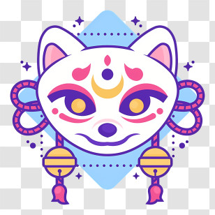 White Cat - Decorative Japanese Fox Mask With Purple And Yellow Accents Transparent PNG