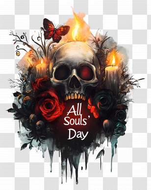All Souls Day - Mystical Skull With Candles And Roses Transparent PNG