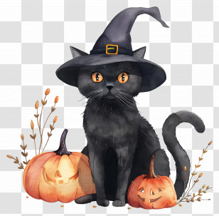 Cute Halloween Cat - Black Cat In Witch Hat With Pumpkins For Halloween Transparent PNG