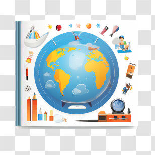 Book Cover Template - Educational Globe With School Supplies Transparent PNG