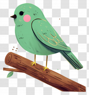 Kawaii Bird - Green Cartoon Bird Sitting Peacefully On A Branch Transparent PNG