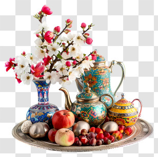 Happy Nowruz - Decorative Vases With Fruits And Flowers Transparent PNG