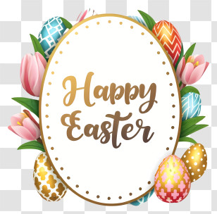 Easter Card - Happy Easter Greeting With Eggs And Flowers Transparent PNG