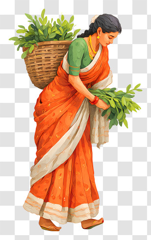 Rural Indian Woman - Woman Carrying Basket Of Leaves In Sari Transparent PNG