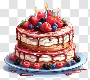 Birthday Cake - Berry-Decorated Cake With Lit Candles Transparent PNG