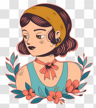 Retro Girl Tattoo - Vintage Woman With Floral Decoration Transparent PNG