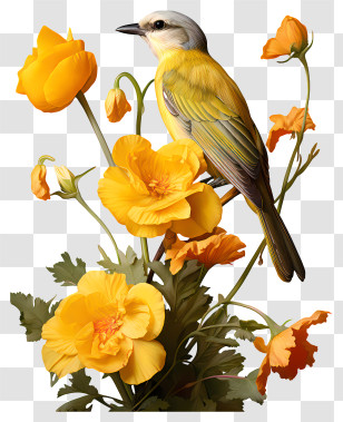 Yellow Bird - Bird Perched On Yellow Flowers Transparent PNG