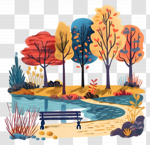 Park - Colorful Autumn Park With Bench And Trees Transparent PNG