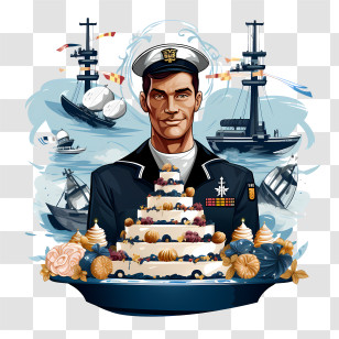 Navy Birthday - Sailor With A Cake And Ships Transparent PNG