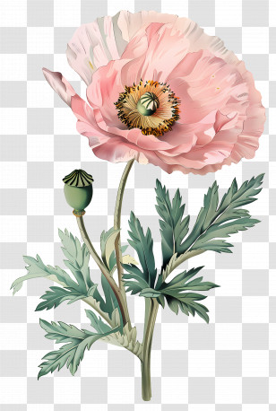 Vintage Flower - Pink Poppy Flower With Stem And Leaves Transparent PNG