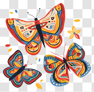 Folk Art Butterflies - Colorful Butterflies With Patterns Transparent PNG