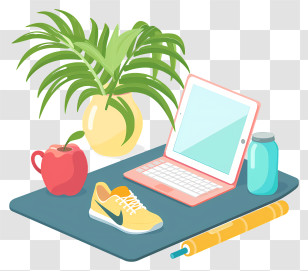 Yoga Mat - Desk Items With Laptop And Plant Transparent PNG