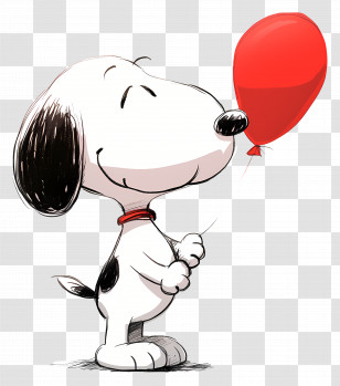 Snoopy Holding Balloon - Cartoon Dog Joyfully Holding A Red Balloon Transparent PNG