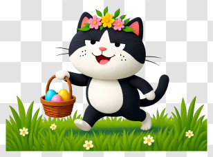 Cat Mascot Celebrating Easter Day - Happy Cat Carrying Easter Basket Transparent PNG