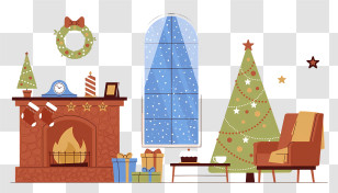 Christmas Scene - Holiday Living Room With Christmas Tree And Fireplace Transparent PNG