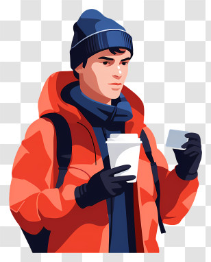 Coffee - Man In Red Jacket Holding Hot Drink Transparent PNG