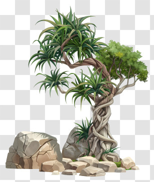 Dracaena - Twisted Tree And Rocks Illustration Transparent PNG