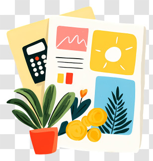 Financial Business Plan - Office Documents With Plant And Calculator Transparent PNG