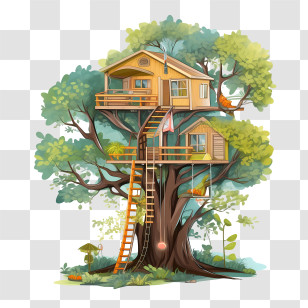 Tree House - Dual-Level Treehouse With Wooden Stairs And Outdoor Charm Transparent PNG