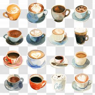 Coffee Cup - Collection Of Coffee Cups With Latte Art Transparent PNG