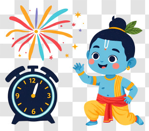 Krishna Celebrating New Year - Krishna With Clock And Fireworks Transparent PNG