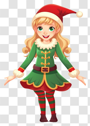 Elf - Christmas Elf Girl In Green And Red Festive Costume Transparent PNG