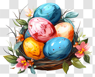 Easter Egg - Colorful Easter Eggs In Nest With Flowers Transparent PNG