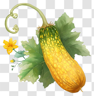 Watercolor Gourd - Yellow Gourd With Green Leaves Transparent PNG