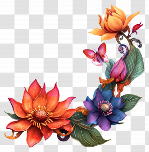 India Flower - Colorful Floral Design With Butterfly Transparent PNG