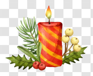 Red Candle - Striped Candle With Greenery Transparent PNG
