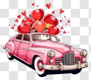 Trendy Retro Style Valentine Vehicle - Pink Valentineâ€™s Day Car With Heart Balloons Transparent PNG
