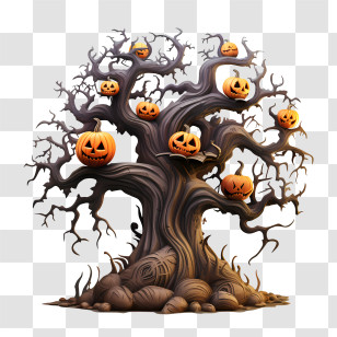 Halloween Tree - Haunted Halloween Tree With Carved Pumpkins Transparent PNG