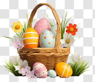 Easter Basket - Colorful Easter Egg Basket With Flowers Transparent PNG