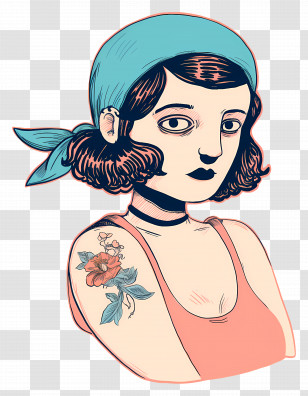 Retro Girl Tattoo - Girl With Floral Tattoo Transparent PNG