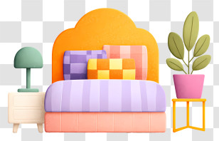 Cozy Modern Bedroom - Cozy Colorful Bed With Nightstand And Plant Transparent PNG