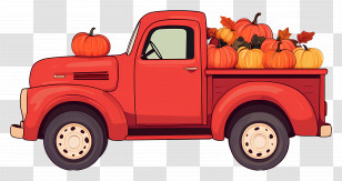 Pumpkin Truck - Red Pickup Truck With Pumpkins And Autumn Leaves Transparent PNG