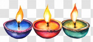 Diwali Oil Lamps - Three Vibrant Lit Colorful Candles Illustration Transparent PNG