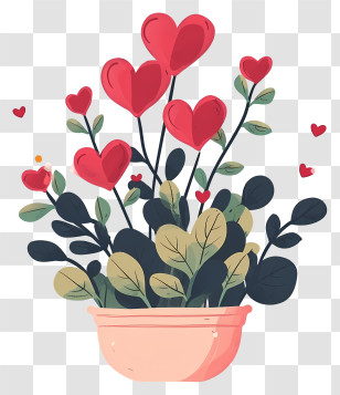 Minimalized Flat Vector Illustrate - Heart-Shaped Flowers In A Decorative Pot Transparent PNG
