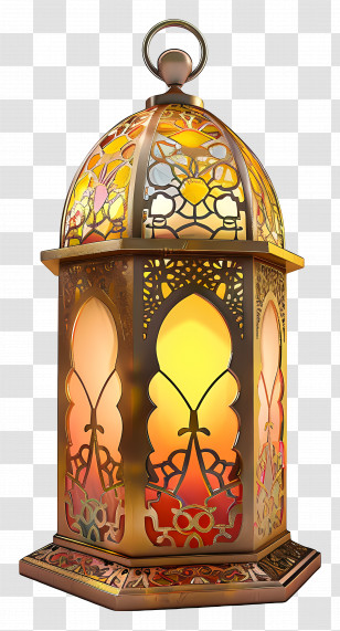 Ramadan Lantern - Golden Lantern With Stained Glass Decoration Transparent PNG