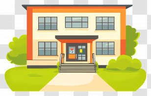 Cartoon School - School Building With Greenery Transparent PNG