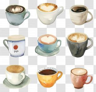 Coffee Cup - Variety Of Coffee Cups With Art Designs Transparent PNG
