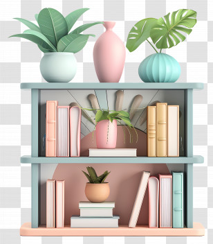 Shelf Furniture - Bookshelf With Plants And Books In Pastel Style Transparent PNG